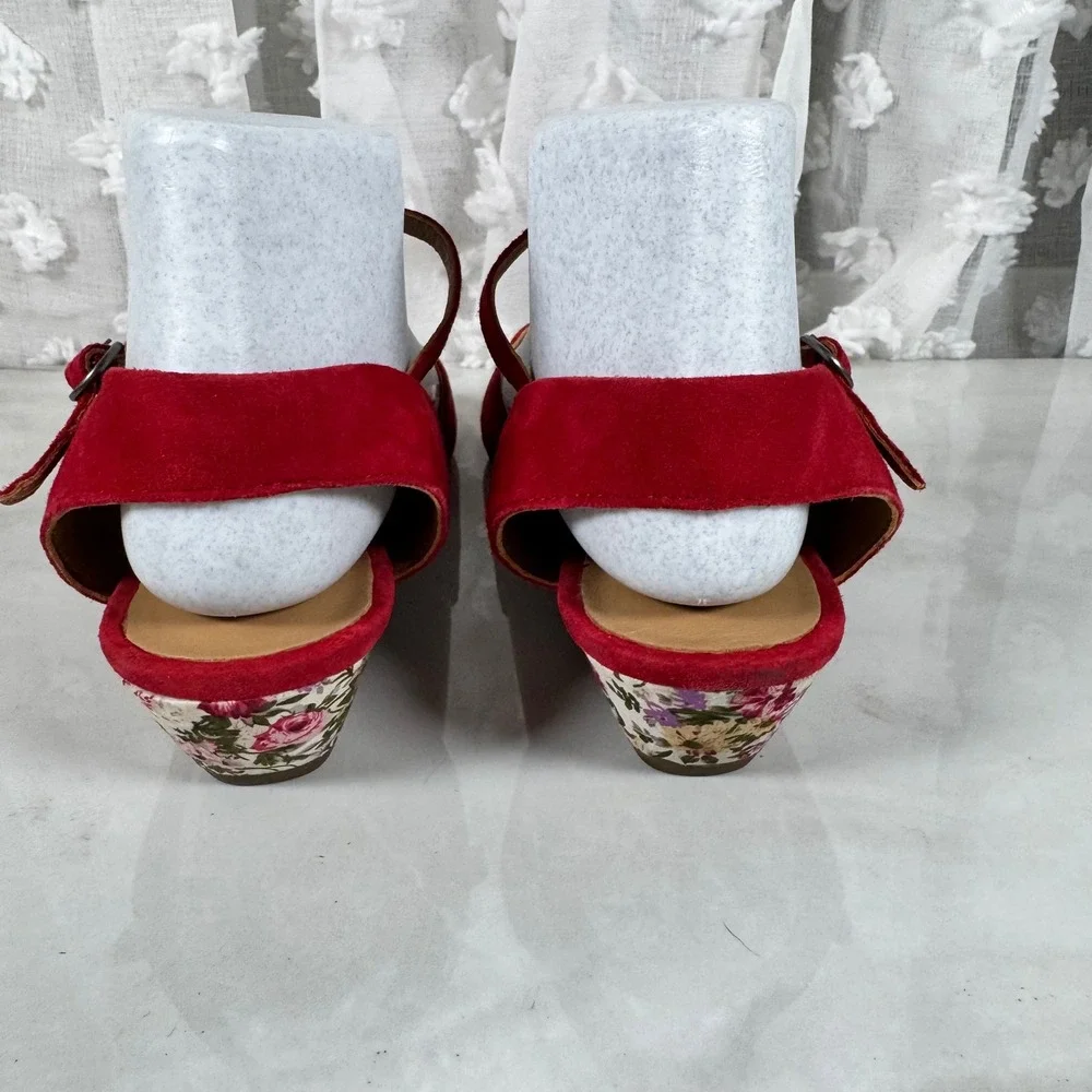 Hotter Hallie Sandals Red‎ Suede Upper Floral Low Wedge Ankle Strap Comfort 11